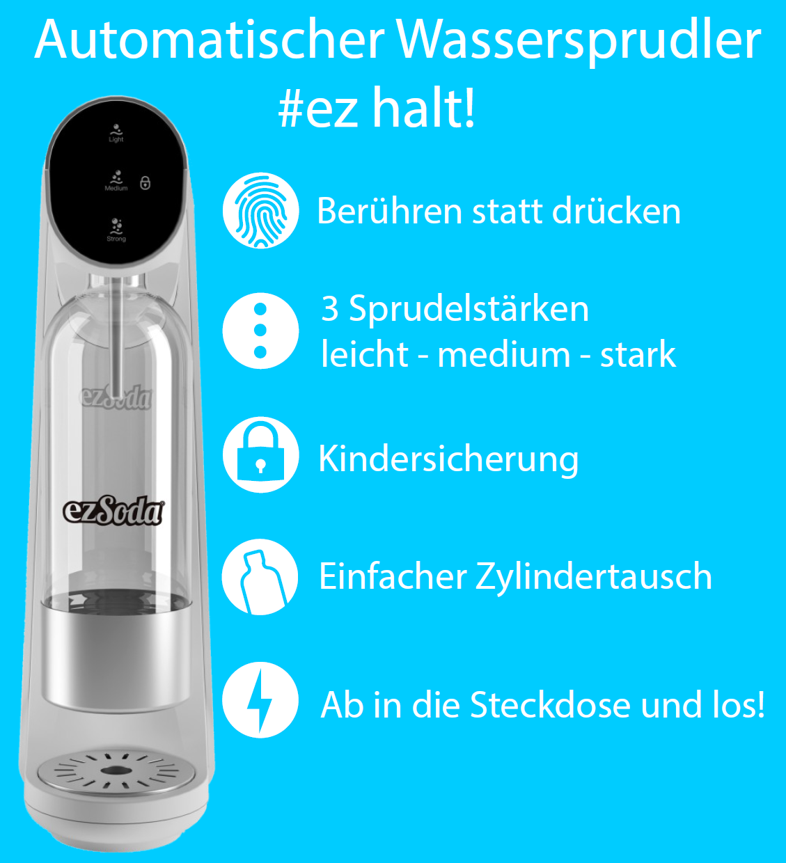 Infografik zum ezSoda A1 elektrischen Wassersprudler mit 5 Vorteilen: Touch-Bedienung, 3 Sprudelstärken, Kindersicherung, einfacher Zylindertausch und Netzbetrieb