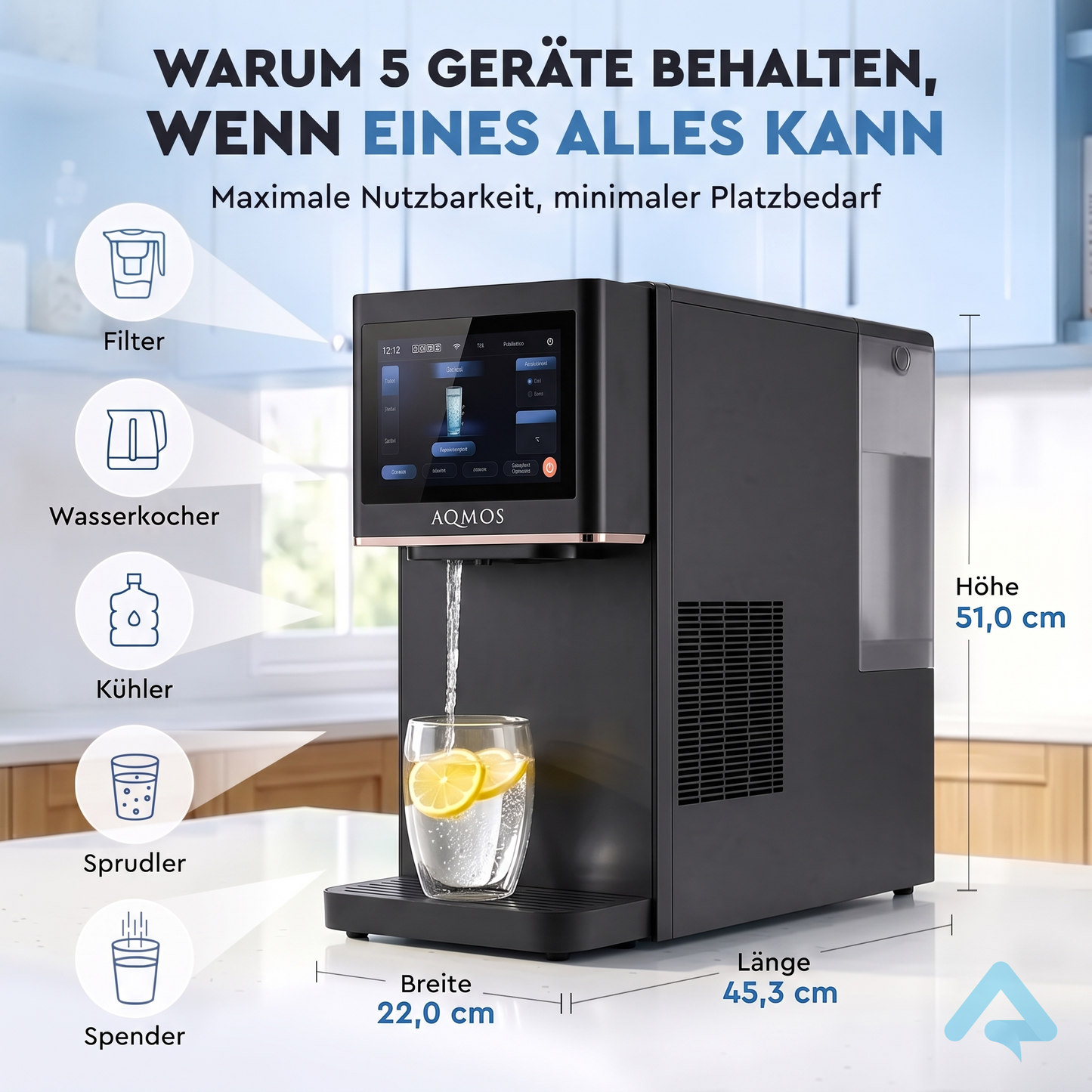 5-in-1 Smart-Auftisch-Wasserfilter-Anlage mit Sprudelfunktion (Schwarz)