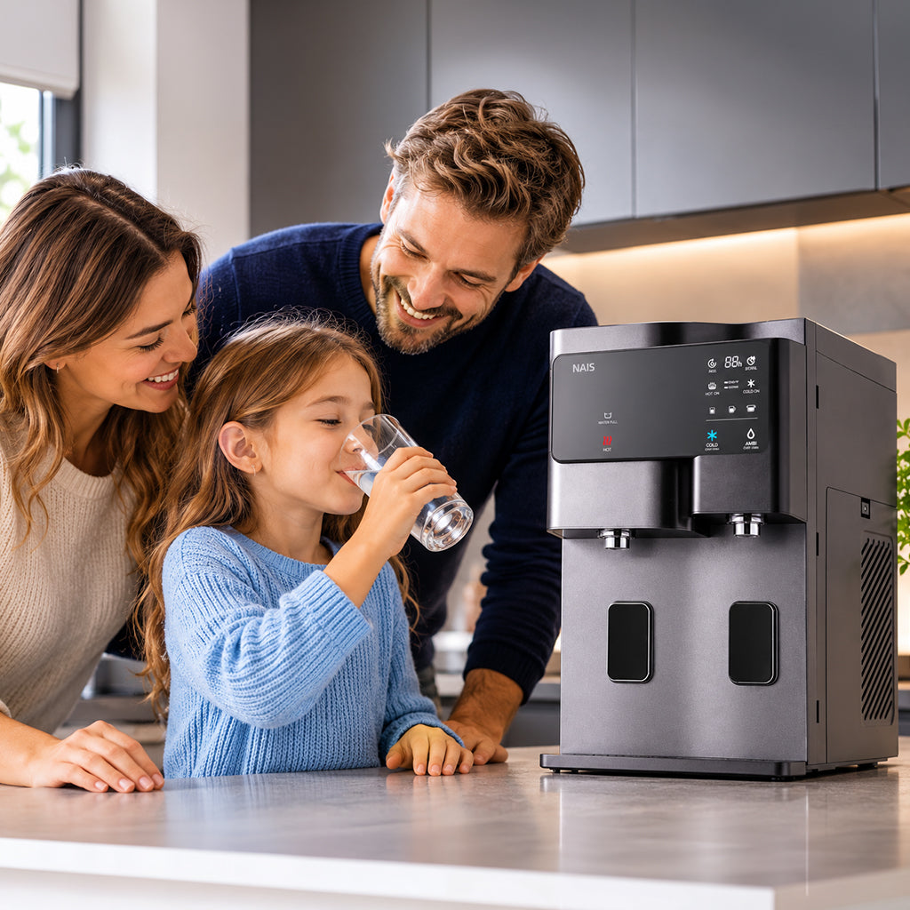 Ein glückliches Familien-Szenario in einer modernen Küche. Ein junges Mädchen sitzt an einer hellen Küchenarbeitsplatte und trinkt erfrischendes Wasser aus einem Glas. Mutter und Vater stehen hinter ihr und schauen ihr liebevoll zu. Rechts neben ihnen ist ein kompakter, dunkler NAIS-Wasserspender mit Touch-Bedienfeld und integriertem Display platziert.