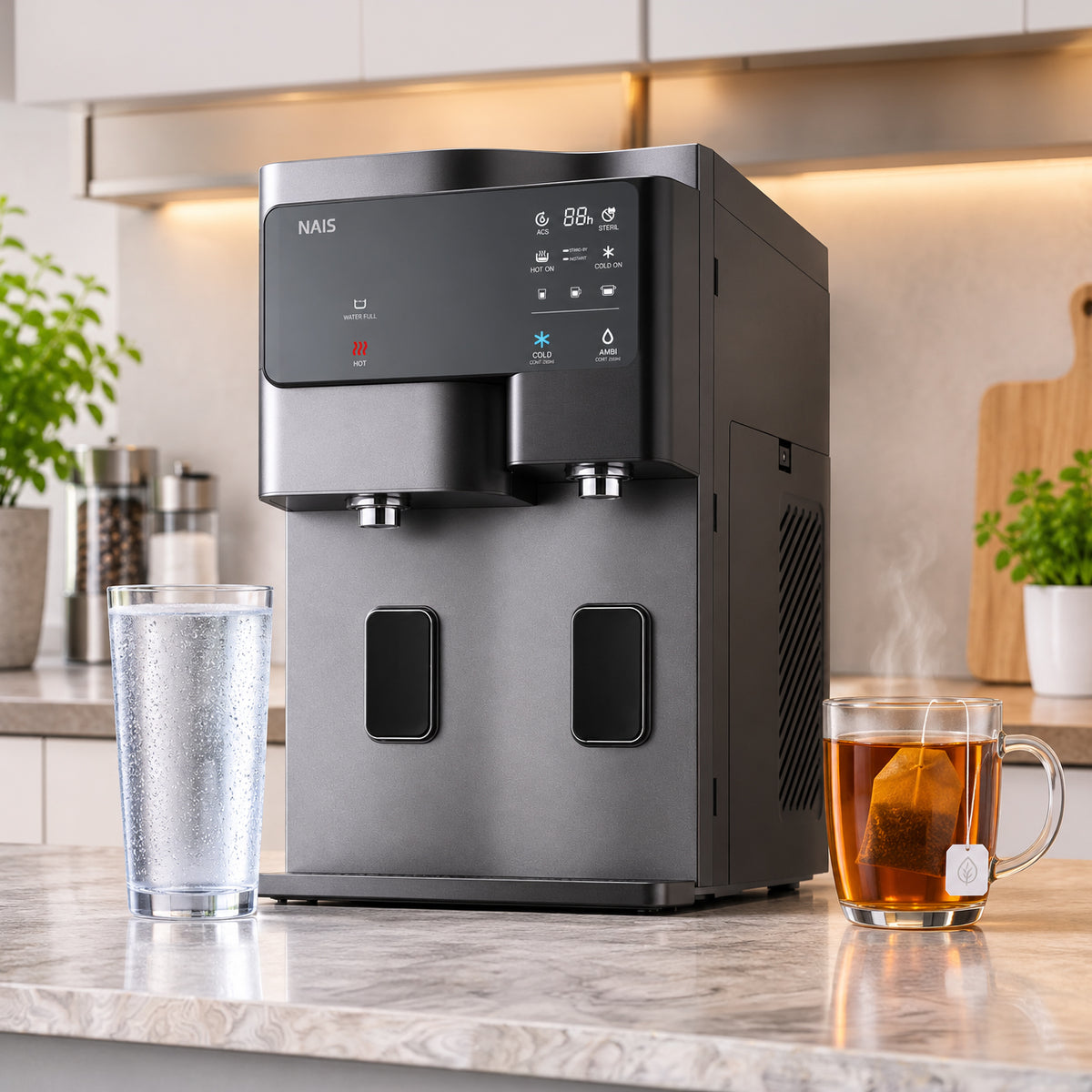 Ein kompakter, dunkler NAIS-Wasserspender steht auf einer Marmor-Küchenarbeitsplatte in einer modernen Küche. Links daneben befindet sich ein hohes Glas mit klarem, kaltem Wasser, während rechts eine Teetasse mit heißem Wasser und einem hängenden Teebeutel steht, aus der leichter Dampf aufsteigt.