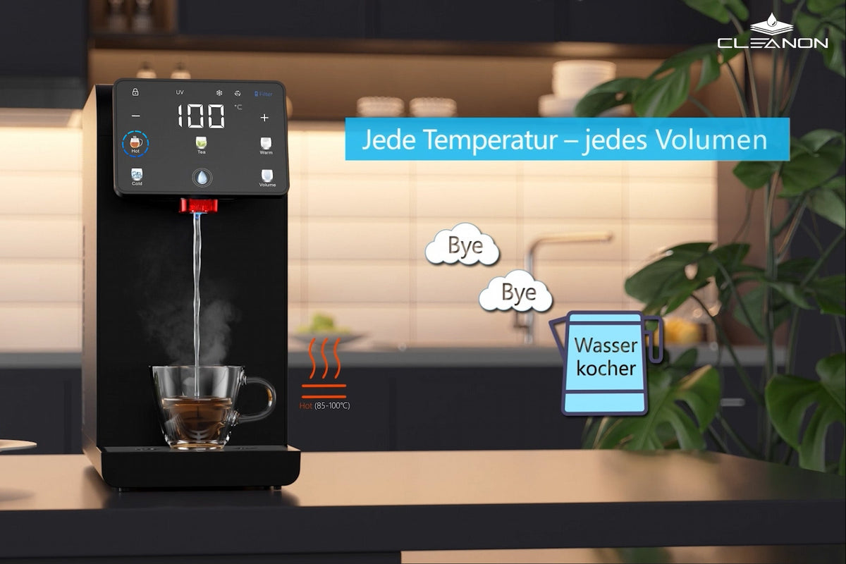 CLEANON L1 Wasserbar bei der Ausgabe von 100 Grad heißem Wasser als Ersatz für den Wasserkocher