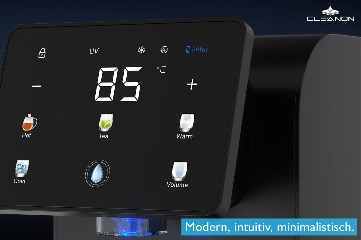 Digitales Touch-Display der CLEANON L1 Wasserbar mit Temperatur- und Mengenauswahl