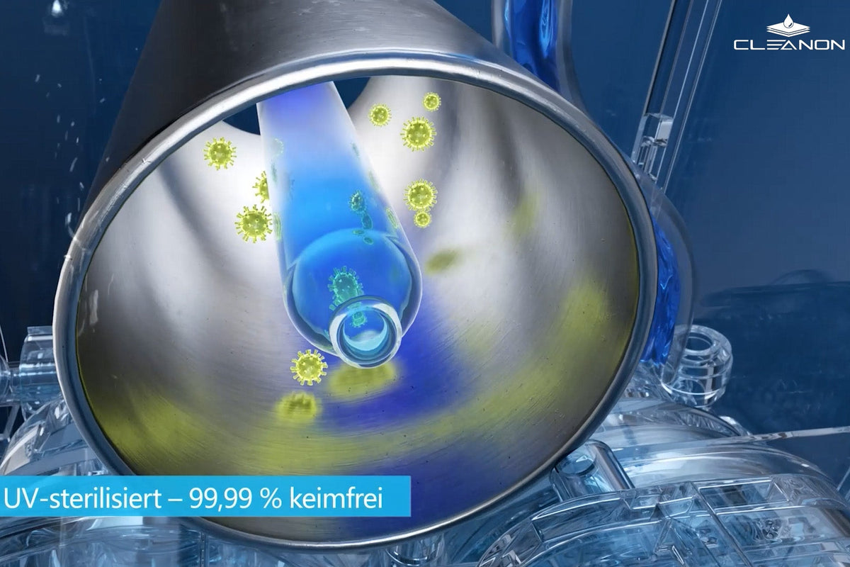 Illustration der UV-Sterilisation der CLEANON L1 Wasserbar für 99,99 Prozent keimfreies Trinkwasser