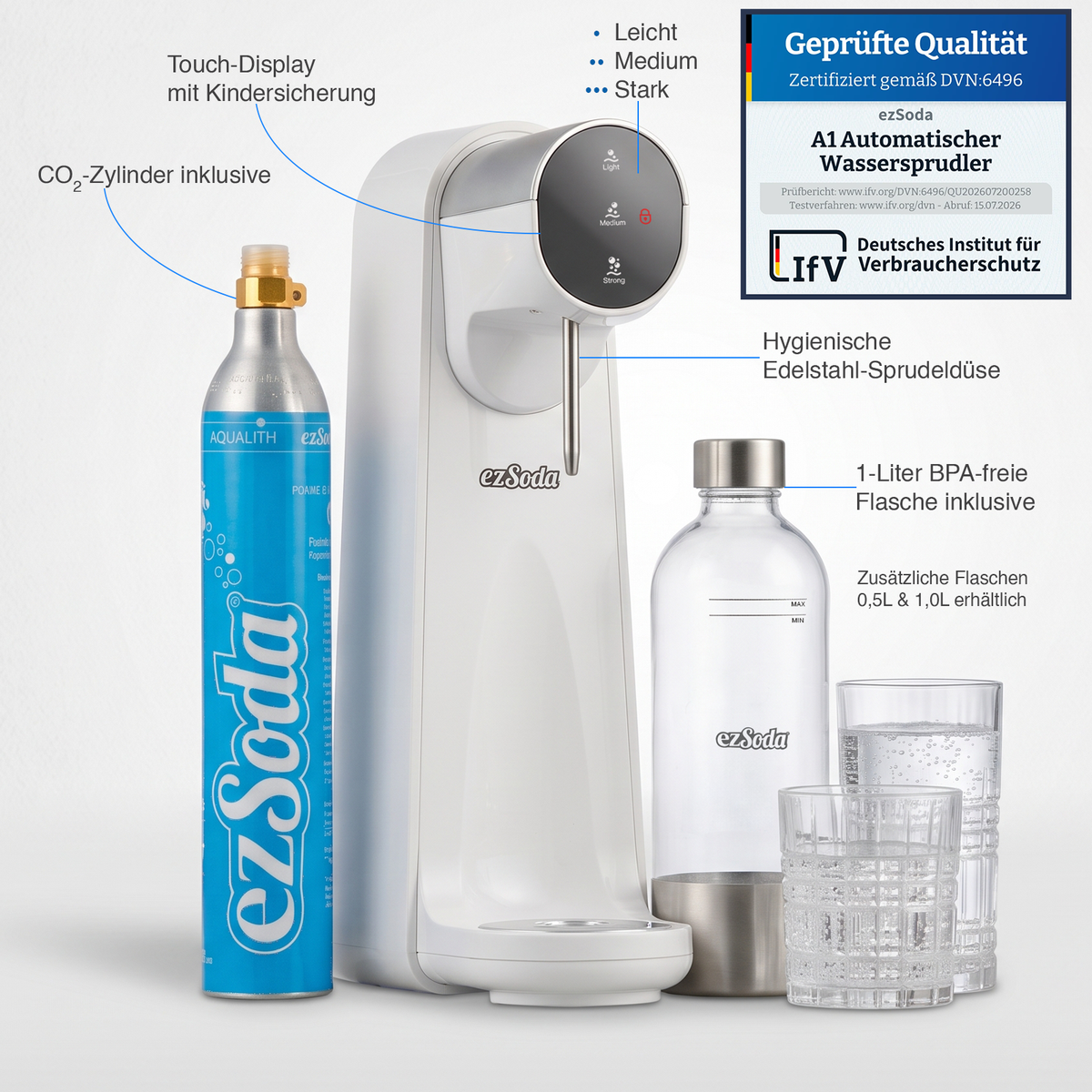ezSoda (easySoda) in weiß von Deutsches Institut für Verbraucherschutz zertifiziert, CO2-Zylinder inklusive sowie eine 1-Liter BPA-freie Flasche. Bedienung über ein Touchscreen-Display mit 3 Sprudelstärken, Leicht, Medium und Stark
