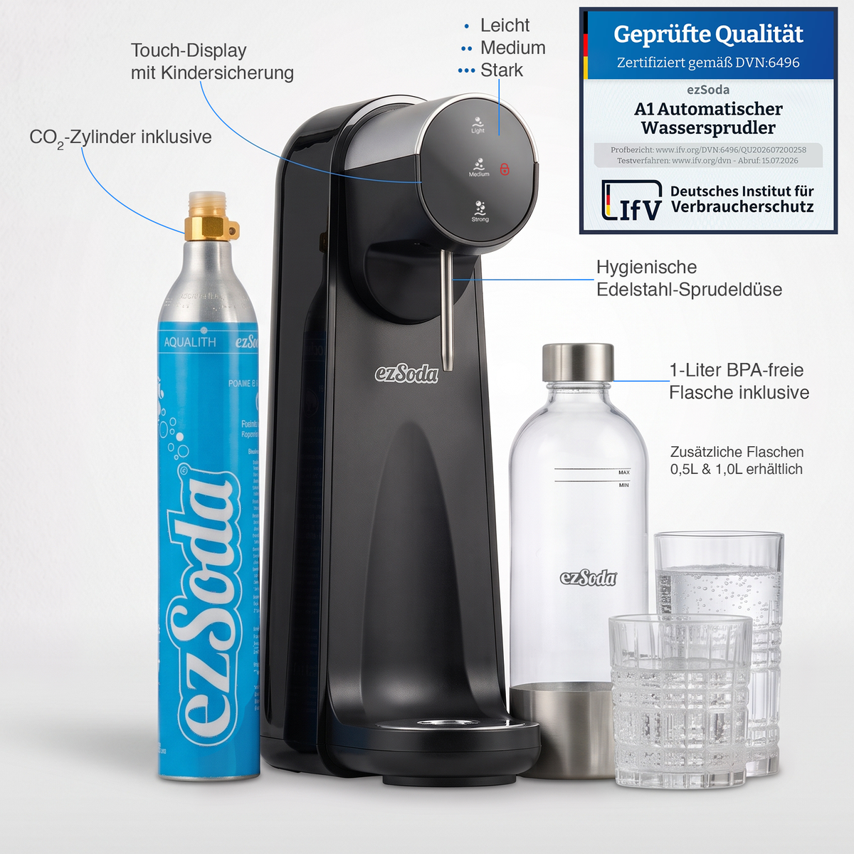 ezSoda (easySoda) in schwarzvon Deutsches Institut für Verbraucherschutz zertifiziert, CO2-Zylinder inklusive sowie eine 1-Liter BPA-freie Flasche. Bedienung über ein Touchscreen-Display mit 3 Sprudelstärken, Leicht, Medium und Stark