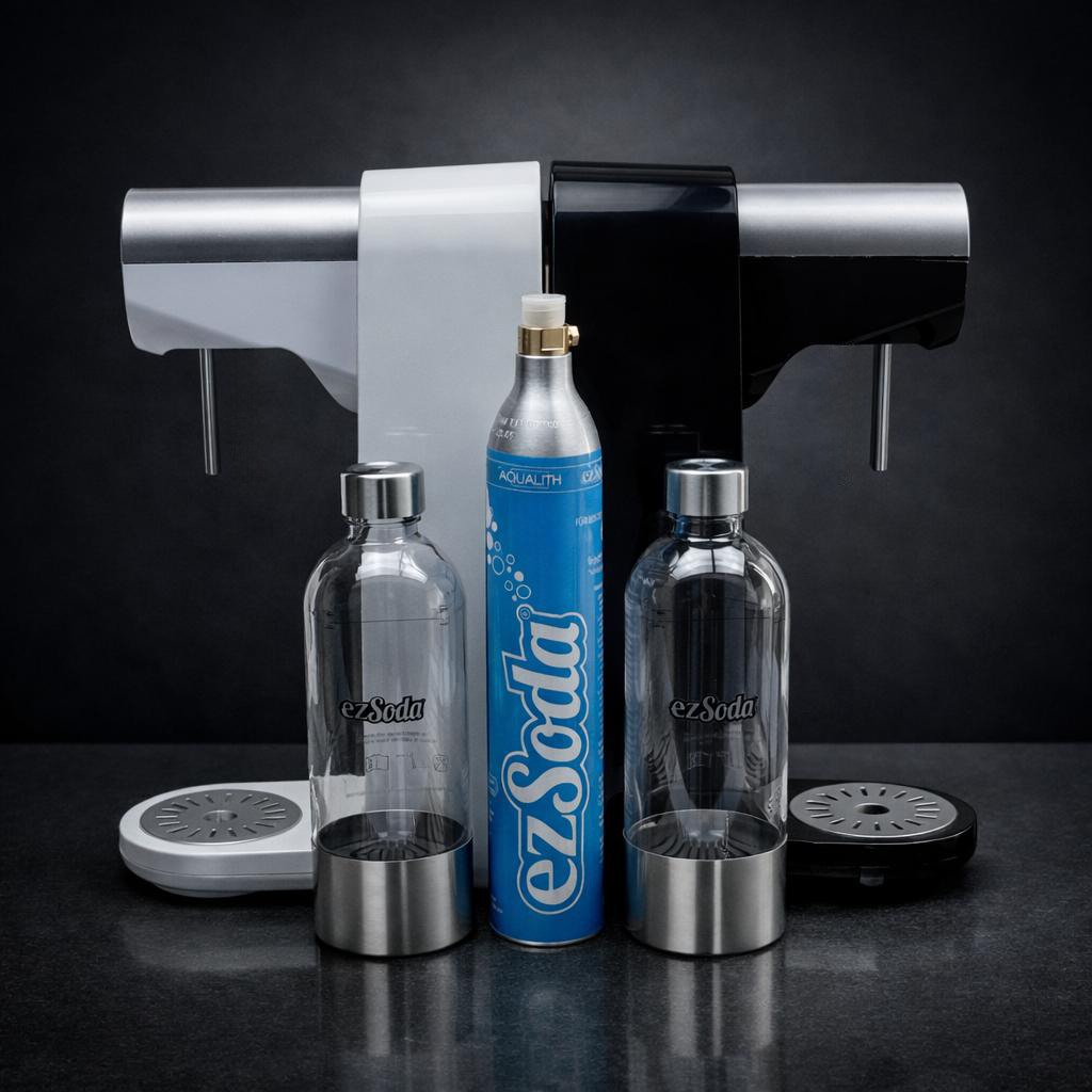 ezSoda A1 automatischer elektrischer Wassersprudler in Schwarz und Weiß mit Flaschen und CO2-Zylinder