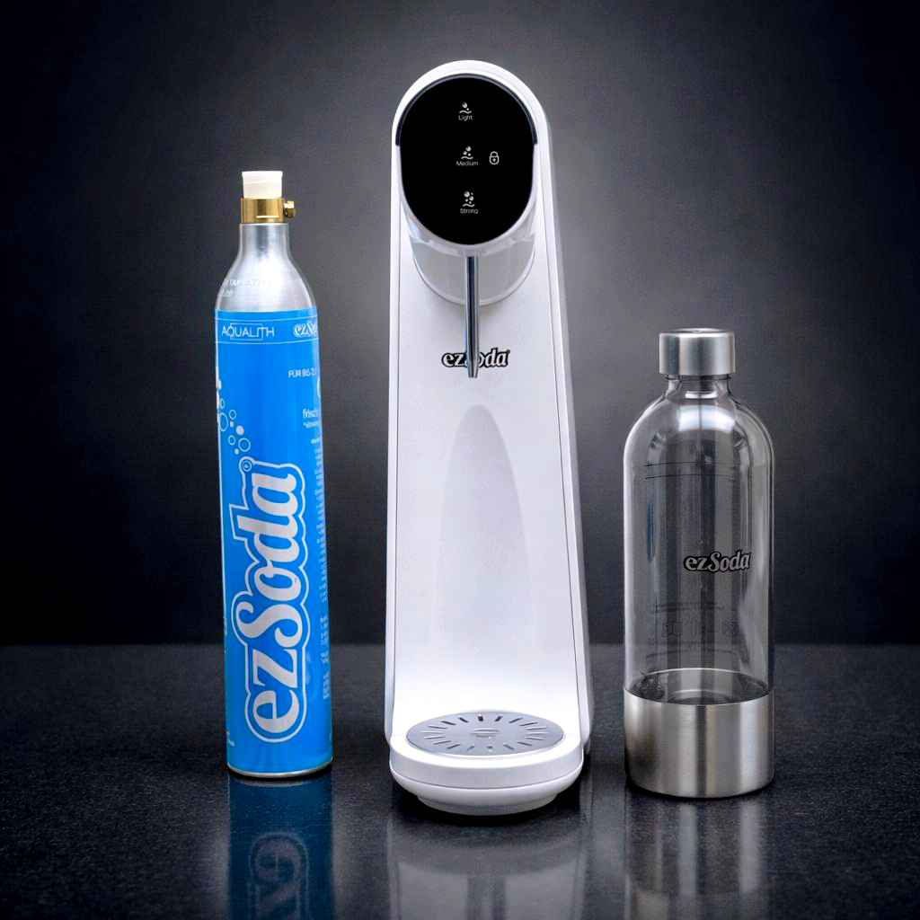 ezSoda A1 elektrischer automatischer Wassersprudler in Weiß mit CO2-Zylinder und passender Trinkflasche