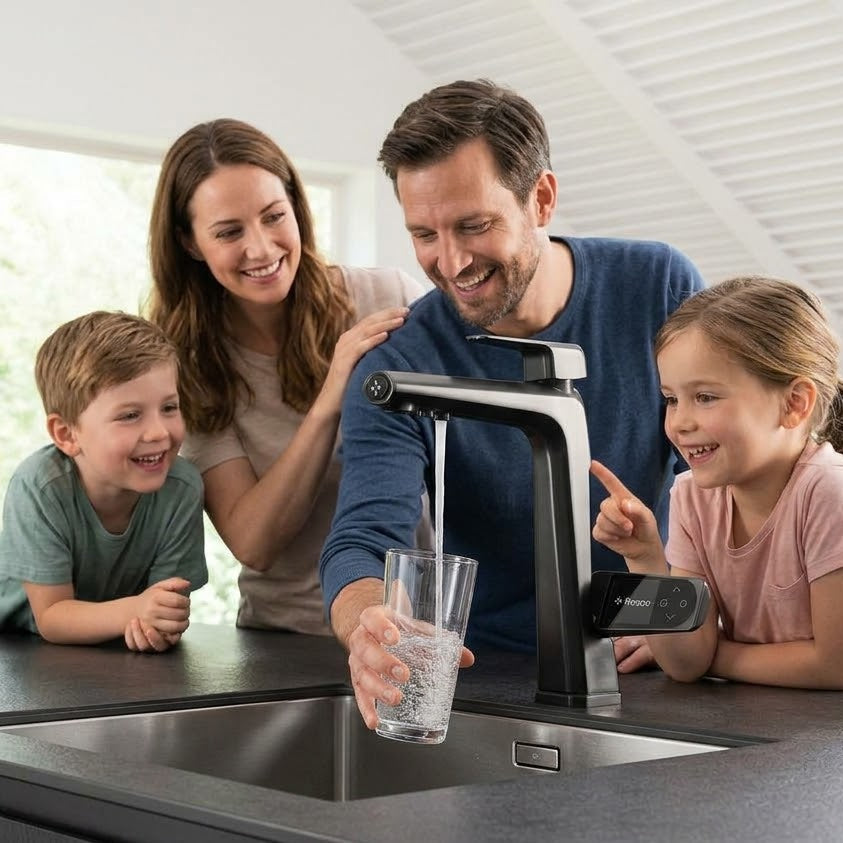 Familie zapft frisches, gefiltertes Wasser mit der smarten Respo LCD-Küchenarmatur an der Spüle