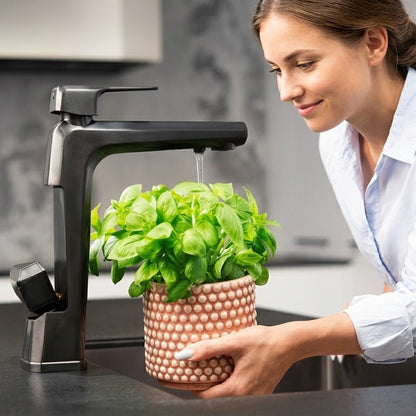 Frischen Basilikum und Küchenkräuter mit vitalisiertem Wasser aus der Respo Smart-Armatur gießen